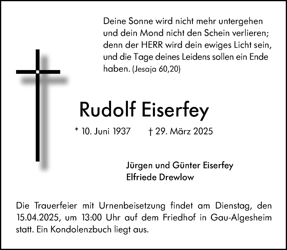  Traueranzeige für Rudolf Eiserfey vom 05.04.2025 aus Allgemeine Zeitung Rheinhessen-Nahe