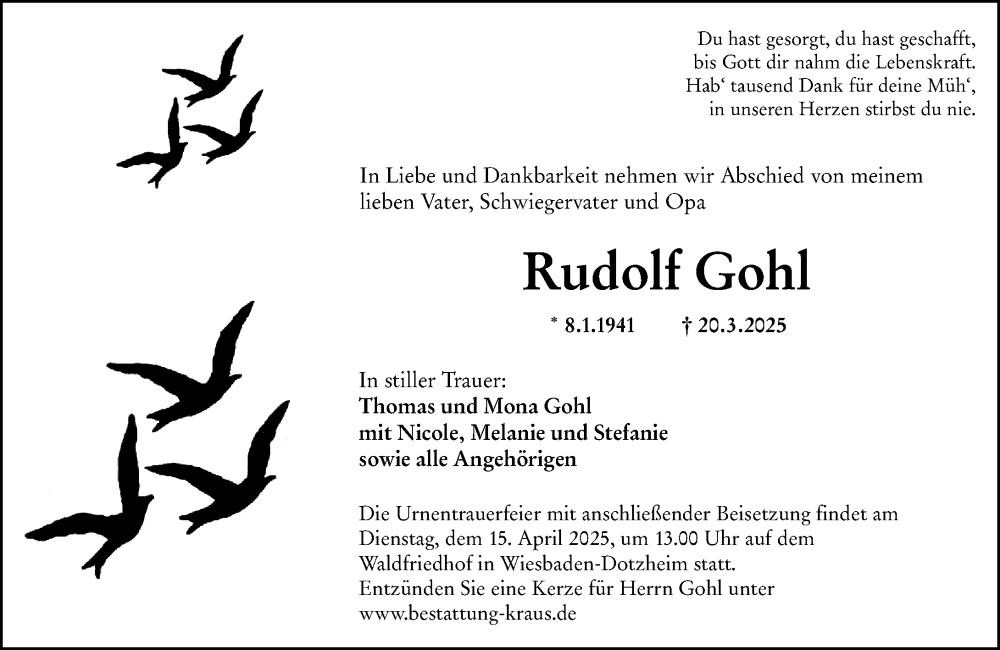  Traueranzeige für Rudolf Gohl vom 05.04.2025 aus Wiesbadener Kurier