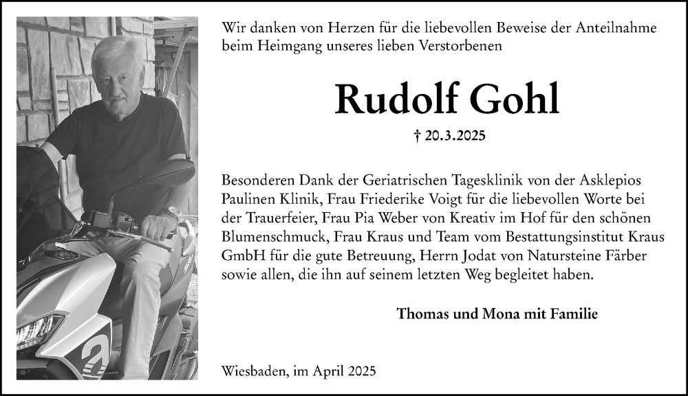  Traueranzeige für Rudolf Gohl vom 26.04.2025 aus Wiesbadener Kurier