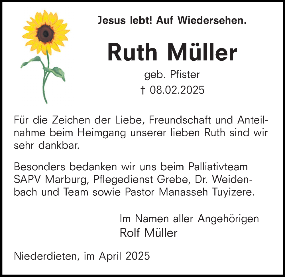  Traueranzeige für Ruth Müller vom 08.04.2025 aus Hinterländer Anzeiger