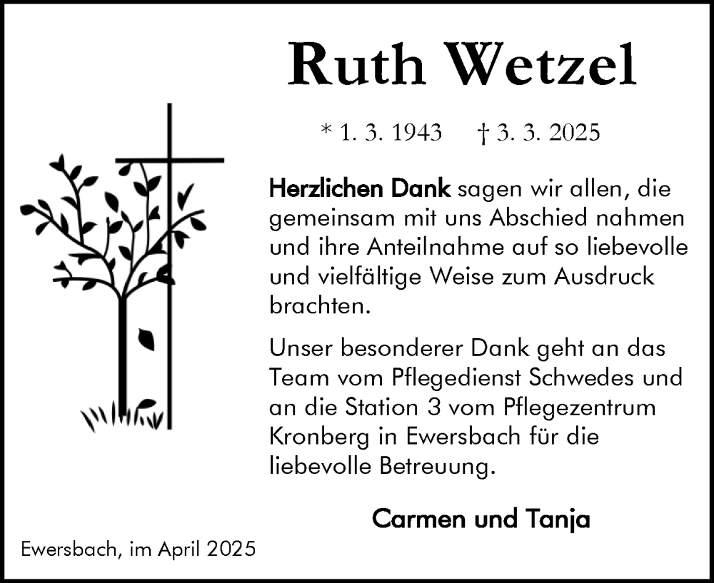  Traueranzeige für Ruth Wetzel vom 26.04.2025 aus Dill Block