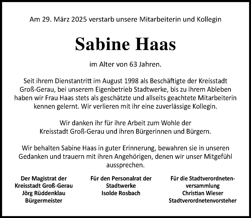  Traueranzeige für Sabine Haas vom 26.04.2025 aus Groß-Gerauer Echo