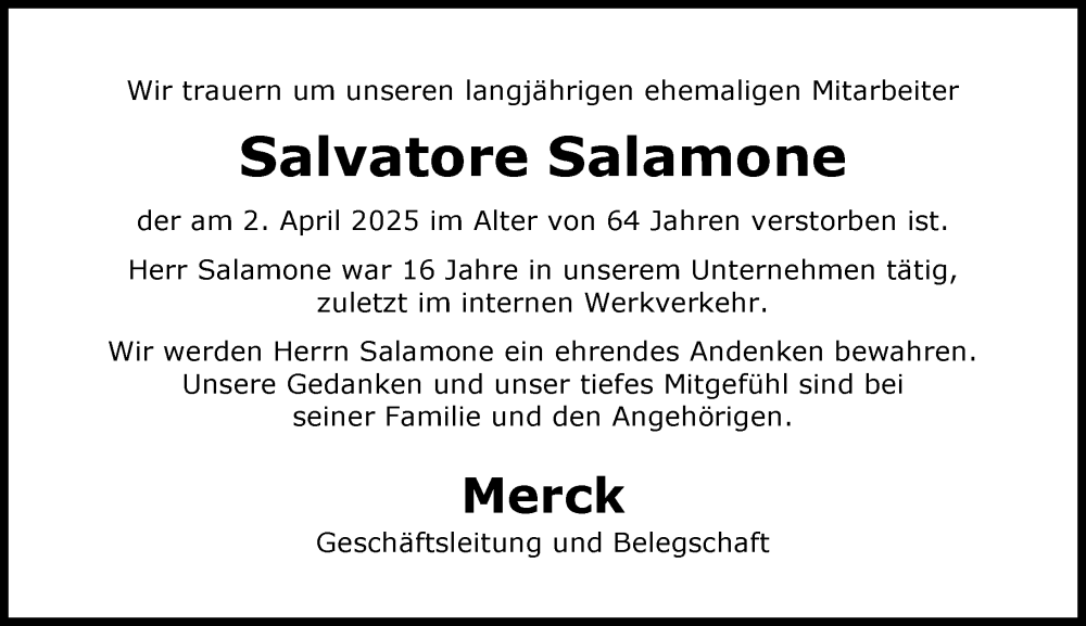  Traueranzeige für Salvatore Salamone vom 19.04.2025 aus Darmstädter Echo