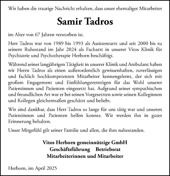 Traueranzeige von Samir Tadros von Dill Block