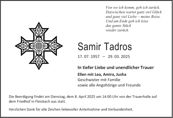 Traueranzeige von Samir Tadros von Dill Block