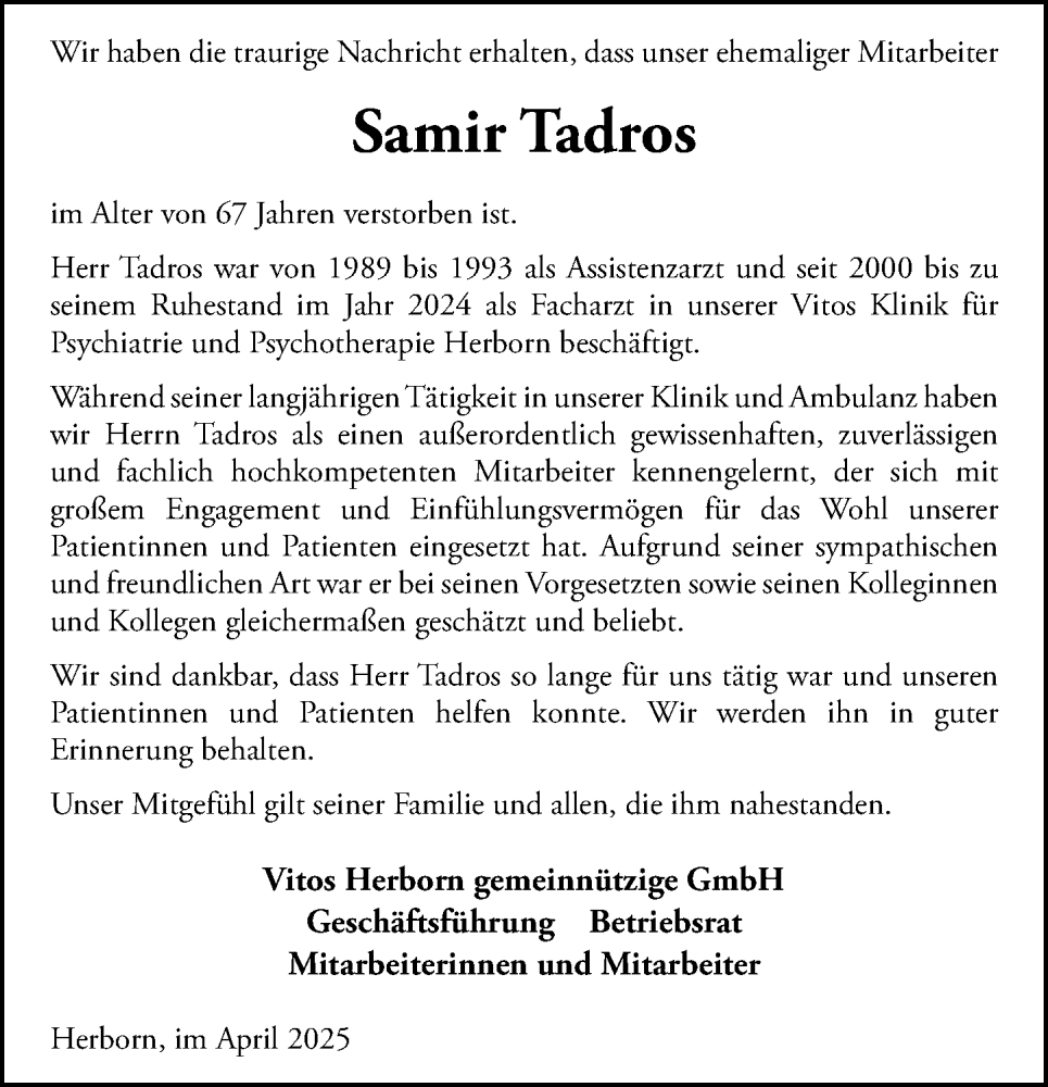  Traueranzeige für Samir Tadros vom 10.04.2025 aus Dill Block