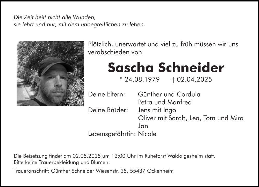  Traueranzeige für Sascha Schneider vom 19.04.2025 aus Allgemeine Zeitung Rheinhessen-Nahe