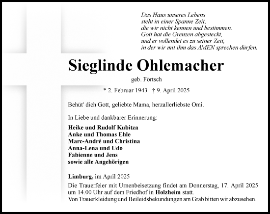 Traueranzeige von Sieglinde Ohlemacher von Nassauische Neue Presse