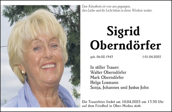 Traueranzeige von Sigrid Oberndörfer von Darmstädter Echo