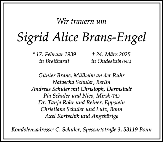 Traueranzeige von Sigrid Alice Brans-Engel von Wiesbadener Kurier