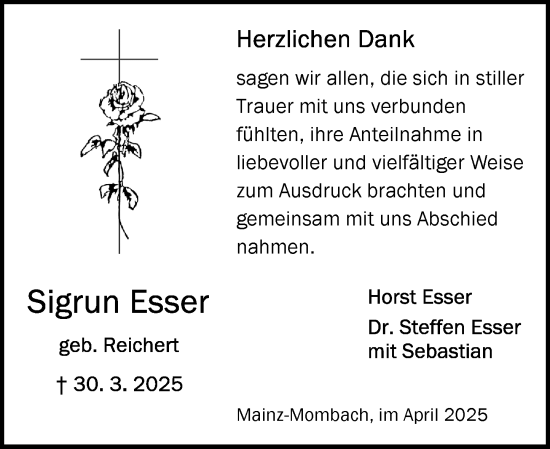 Traueranzeige von Sigrun Esser von Allgemeine Zeitung Mainz