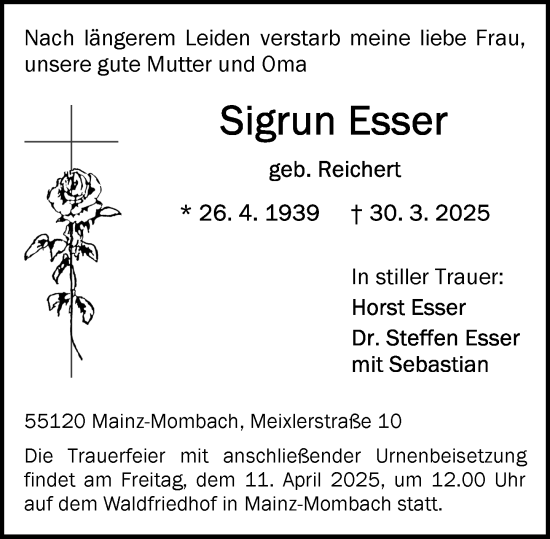 Traueranzeige von Sigrun Esser von Allgemeine Zeitung Mainz