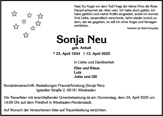 Traueranzeige von Sonja Neu von Wiesbadener Kurier