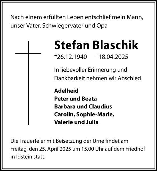 Traueranzeige von Stefan Blaschik von Idsteiner Land/Untertaunus