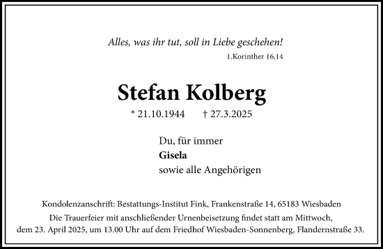 Traueranzeige von Stefan Kolberg von Wiesbadener Kurier