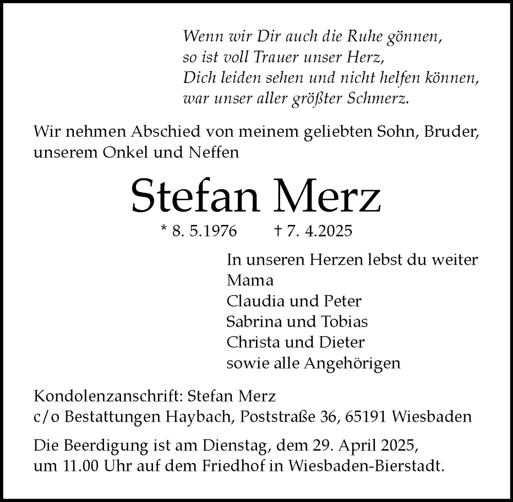  Traueranzeige für Stefan Merz vom 19.04.2025 aus Wiesbadener Kurier
