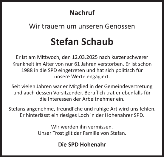 Traueranzeige von Stefan Schaub von Wetzlarer Neue Zeitung