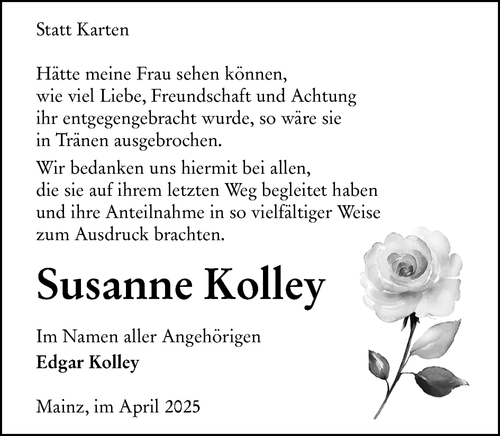  Traueranzeige für Susanne Kolley vom 12.04.2025 aus Allgemeine Zeitung Mainz