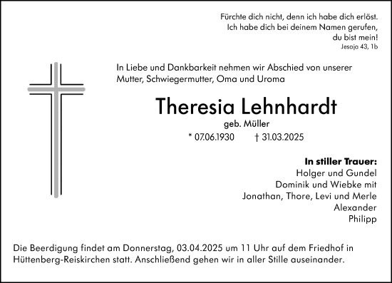 Traueranzeige von Theresia Lehnhardt von Wetzlarer Neue Zeitung
