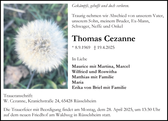 Traueranzeige von Thomas Cezanne von Rüsselsheimer Echo