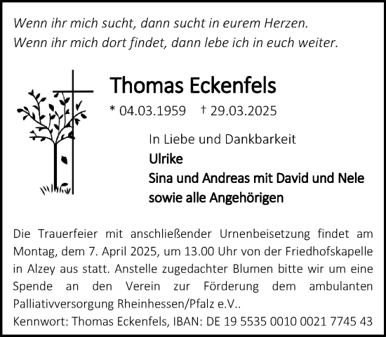 Traueranzeige von Thomas Eckenfels von Allgemeine Zeitung Alzey