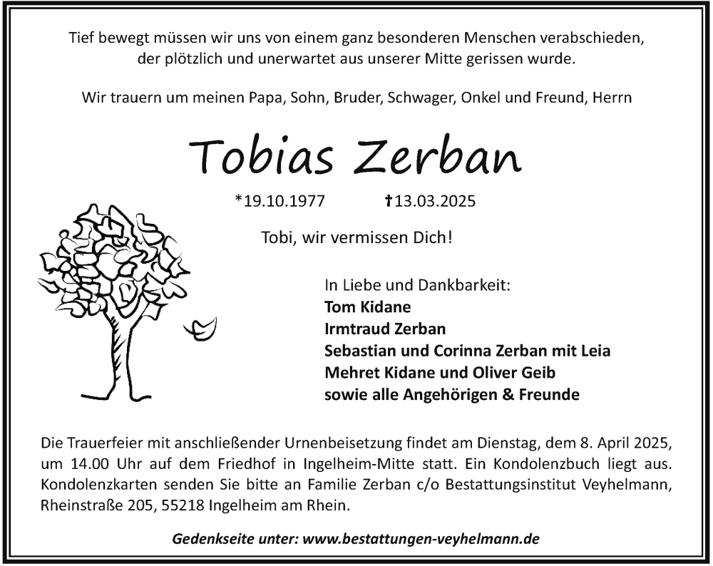  Traueranzeige für Tobias Zerban vom 05.04.2025 aus Allgemeine Zeitung Rheinhessen-Nahe