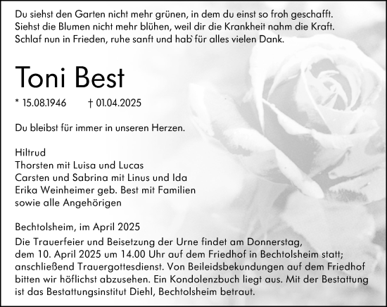 Traueranzeige von Toni Best von Allgemeine Zeitung Alzey
