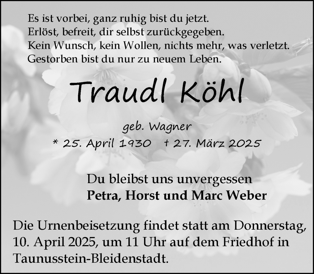  Traueranzeige für Traudl Köhl vom 05.04.2025 aus Wiesbadener Kurier