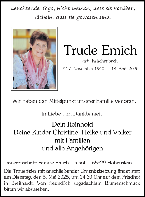 Traueranzeige von Trude Emich von Idsteiner Land/Untertaunus