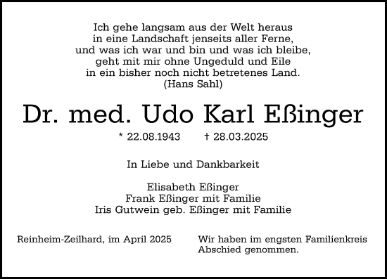 Traueranzeige von Udo Karl Eßinger von Darmstädter Echo