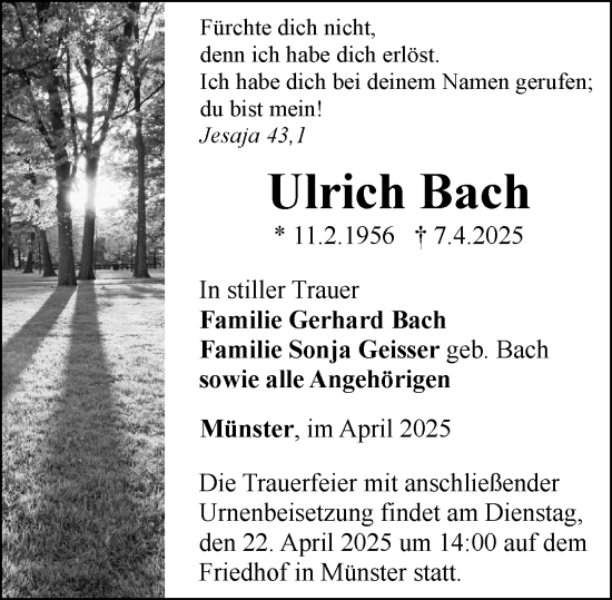 Traueranzeige von Ulrich Bach von Weilburger Tageblatt