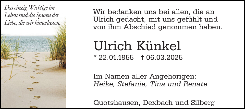  Traueranzeige für Ulrich Künkel vom 05.04.2025 aus Hinterländer Anzeiger