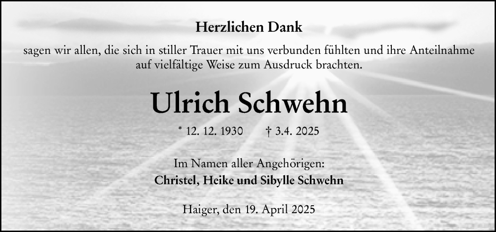 Traueranzeige für Ulrich Schwehn vom 19.04.2025 aus Dill Block