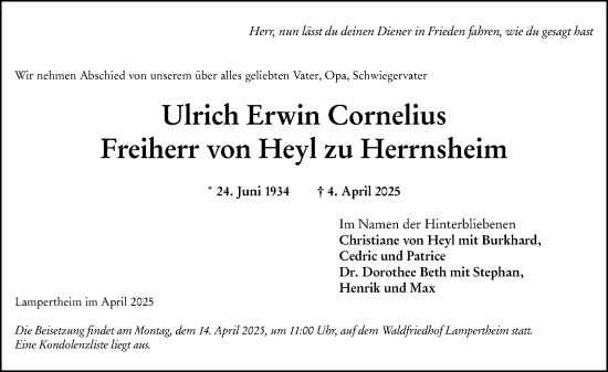 Traueranzeige von Ulrich Erwin Cornelius Freiherr von Heyl zu Herrnsheim von Starkenburger Echo