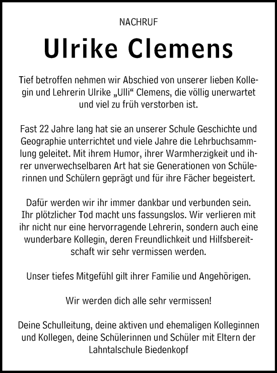 Traueranzeige von Ulrike Clemens von Hinterländer Anzeiger