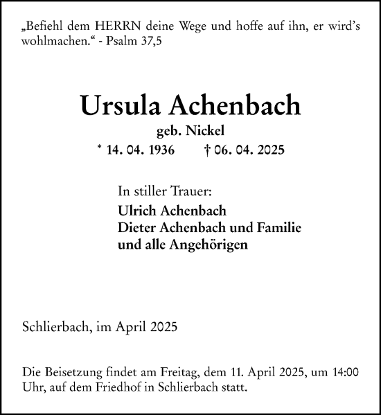 Traueranzeige von Ursula Achenbach von Hinterländer Anzeiger