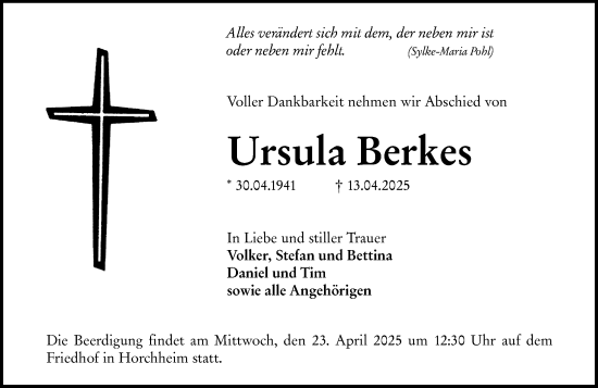 Traueranzeige von Ursula Berkes von Wormser Zeitung