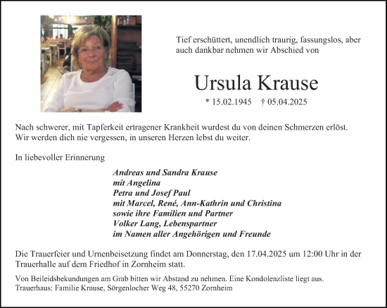 Traueranzeige von Ursula Krause von Allgemeine Zeitung Mainz