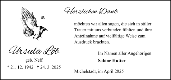 Traueranzeige von Ursula Löb von Odenwälder Echo