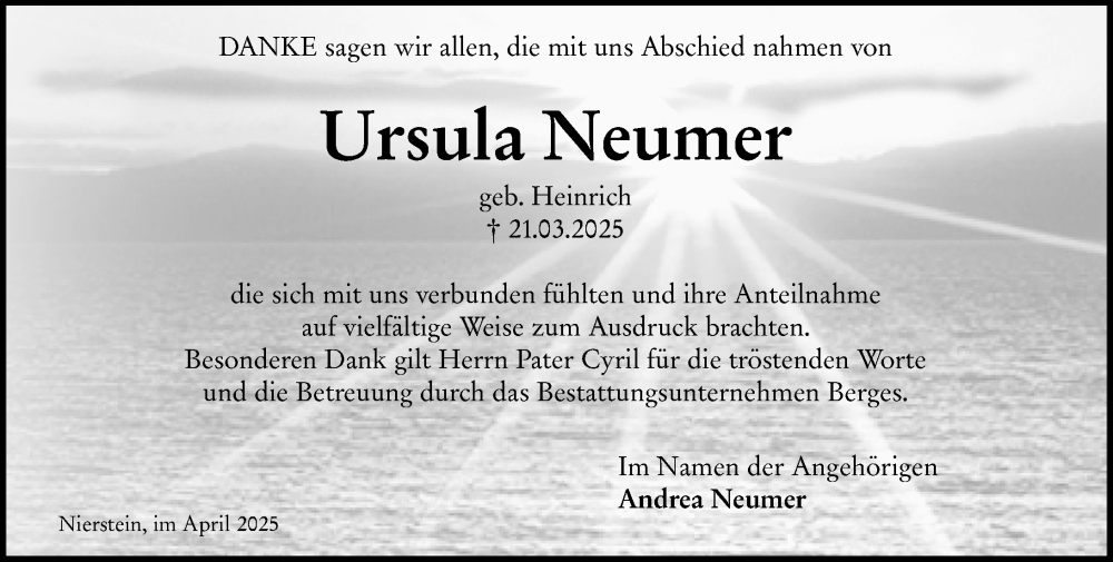  Traueranzeige für Ursula Neumer vom 26.04.2025 aus Allgemeine Zeitung Mainz