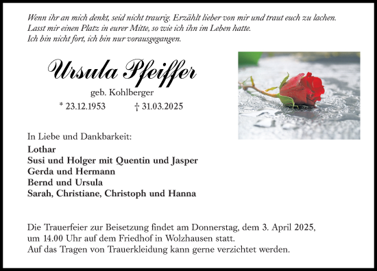 Traueranzeige von Ursula Pfeiffer von Hinterländer Anzeiger