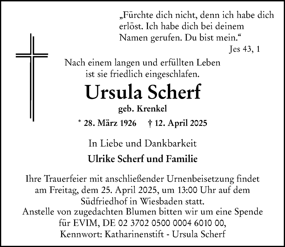  Traueranzeige für Ursula Scherf vom 19.04.2025 aus Wiesbadener Kurier