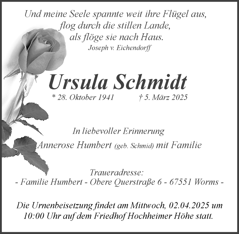  Traueranzeige für Ursula Schmidt vom 01.04.2025 aus Wormser Zeitung