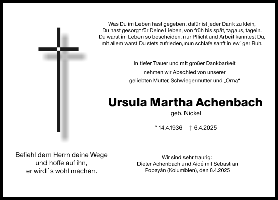 Traueranzeige von Ursula Martha Achenbach von Hinterländer Anzeiger