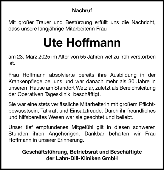 Traueranzeige von Ute Hoffmann von Dill Block