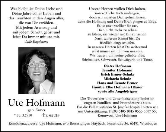Traueranzeige von Ute Hofmann von Wiesbadener Kurier