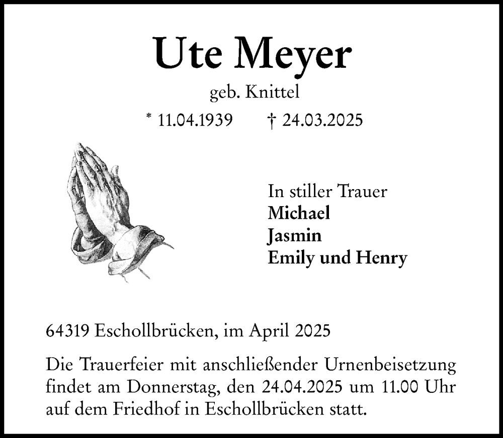  Traueranzeige für Ute Meyer vom 03.04.2025 aus Darmstädter Echo