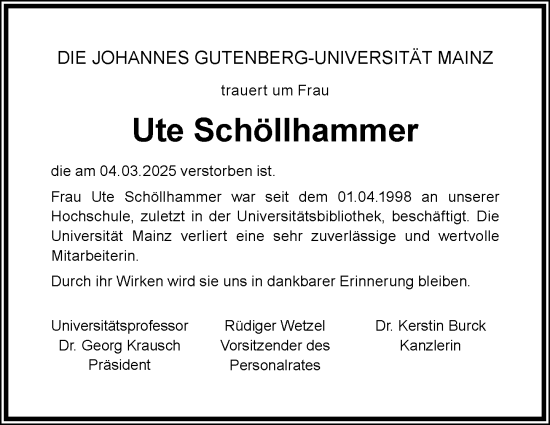 Traueranzeige von Ute Schöllhammer von Allgemeine Zeitung Mainz