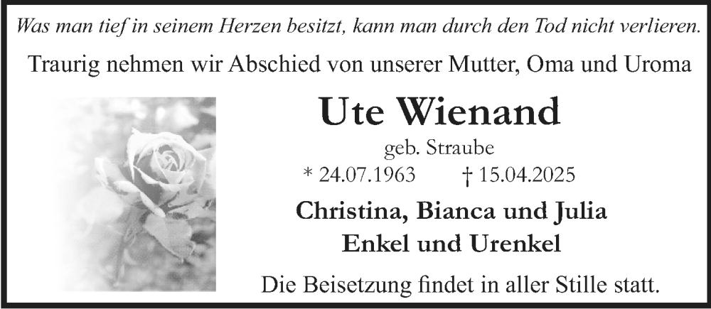 Traueranzeige für Ute Wienand vom 19.04.2025 aus Allgemeine Zeitung Rheinhessen-Nahe