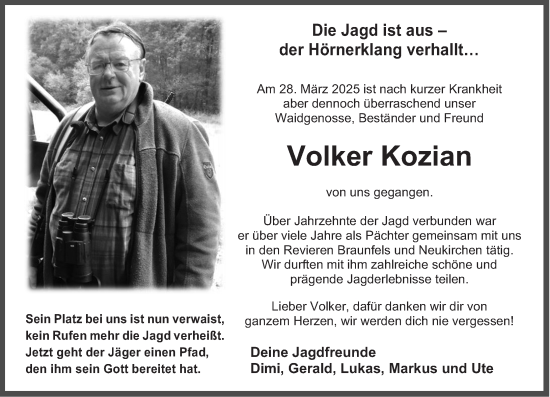 Traueranzeige von Volker Kozian von Wetzlarer Neue Zeitung